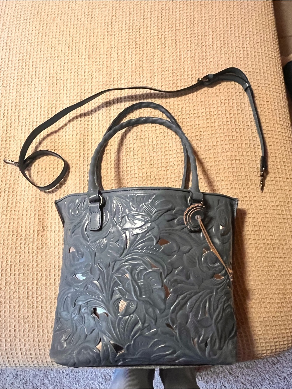 Patricia Nash Teal Embossed Floral Cutout Tote - Picture 2 of 4